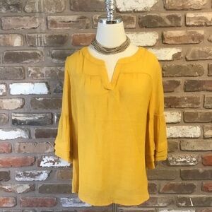 NAÏF Women’s Mustard Yellow Ruffle Bell Sleeve V-neck Top L